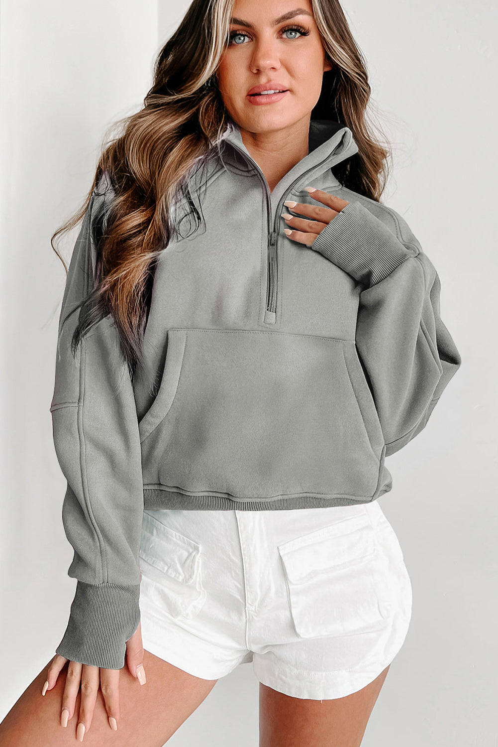 Gray Fleece Lined Zip Up Stand Collar Thumbhole Sleeve Sweatshirt