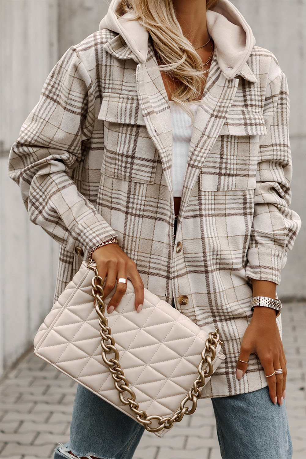 Khaki Plaid Removable Hood Buttoned Shacket