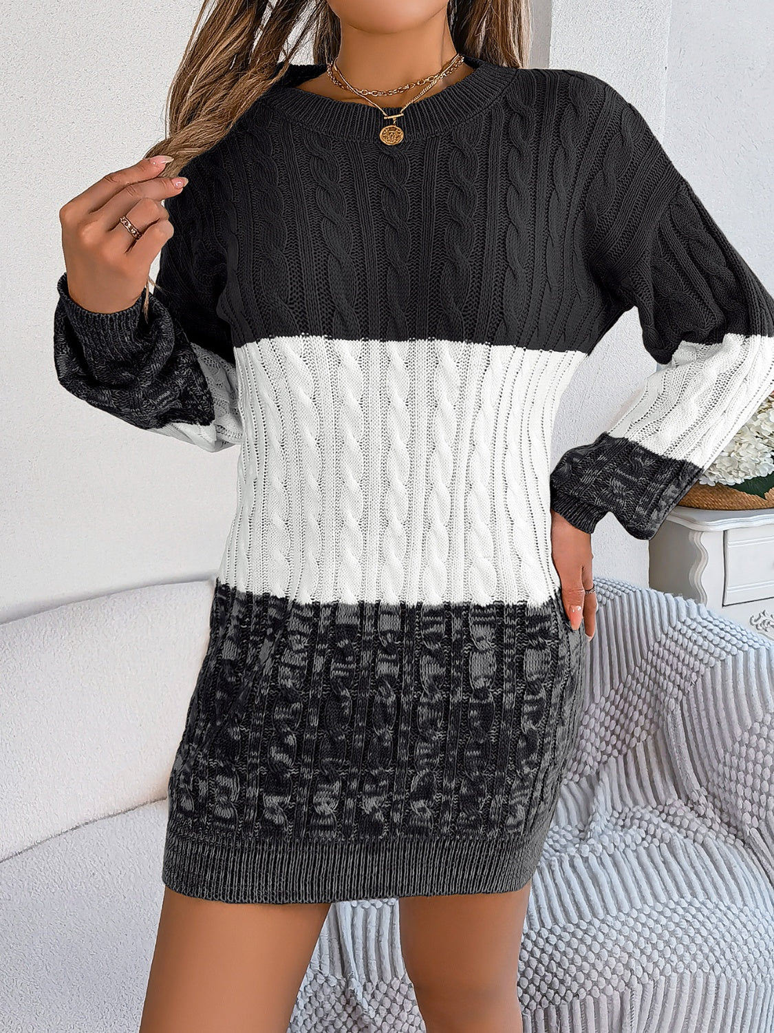 Cable-Knit Round Neck Color Block Sweate.r Dress