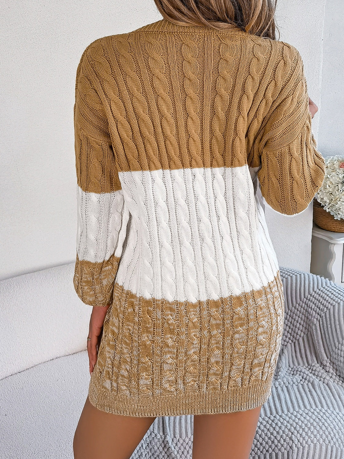 Cable-Knit Round Neck Color Block Sweate.r Dress