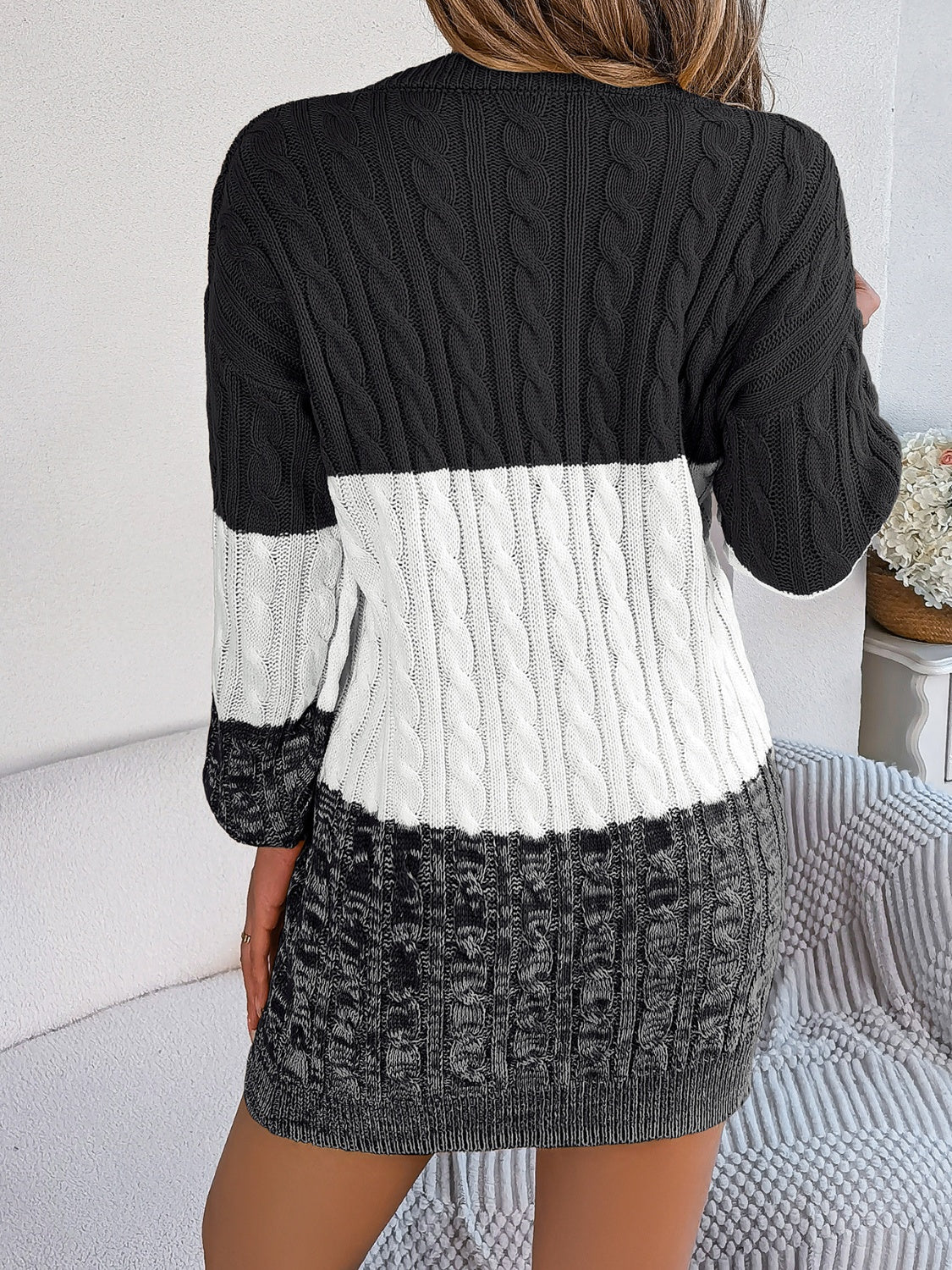 Cable-Knit Round Neck Color Block Sweate.r Dress