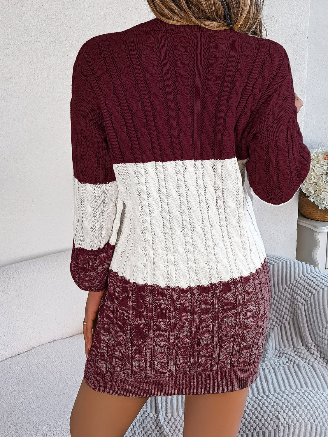 Cable-Knit Round Neck Color Block Sweate.r Dress