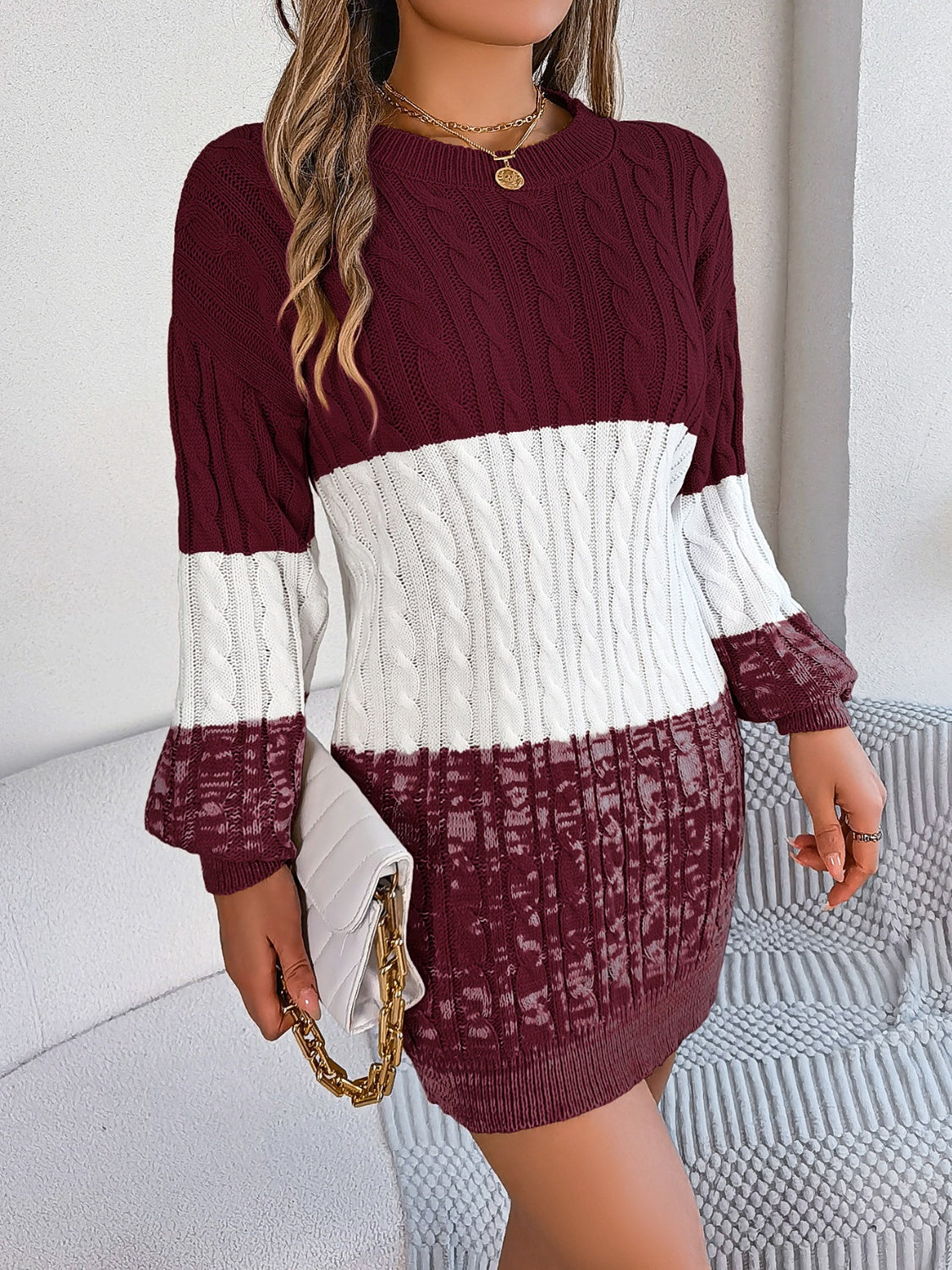 Cable-Knit Round Neck Color Block Sweate.r Dress