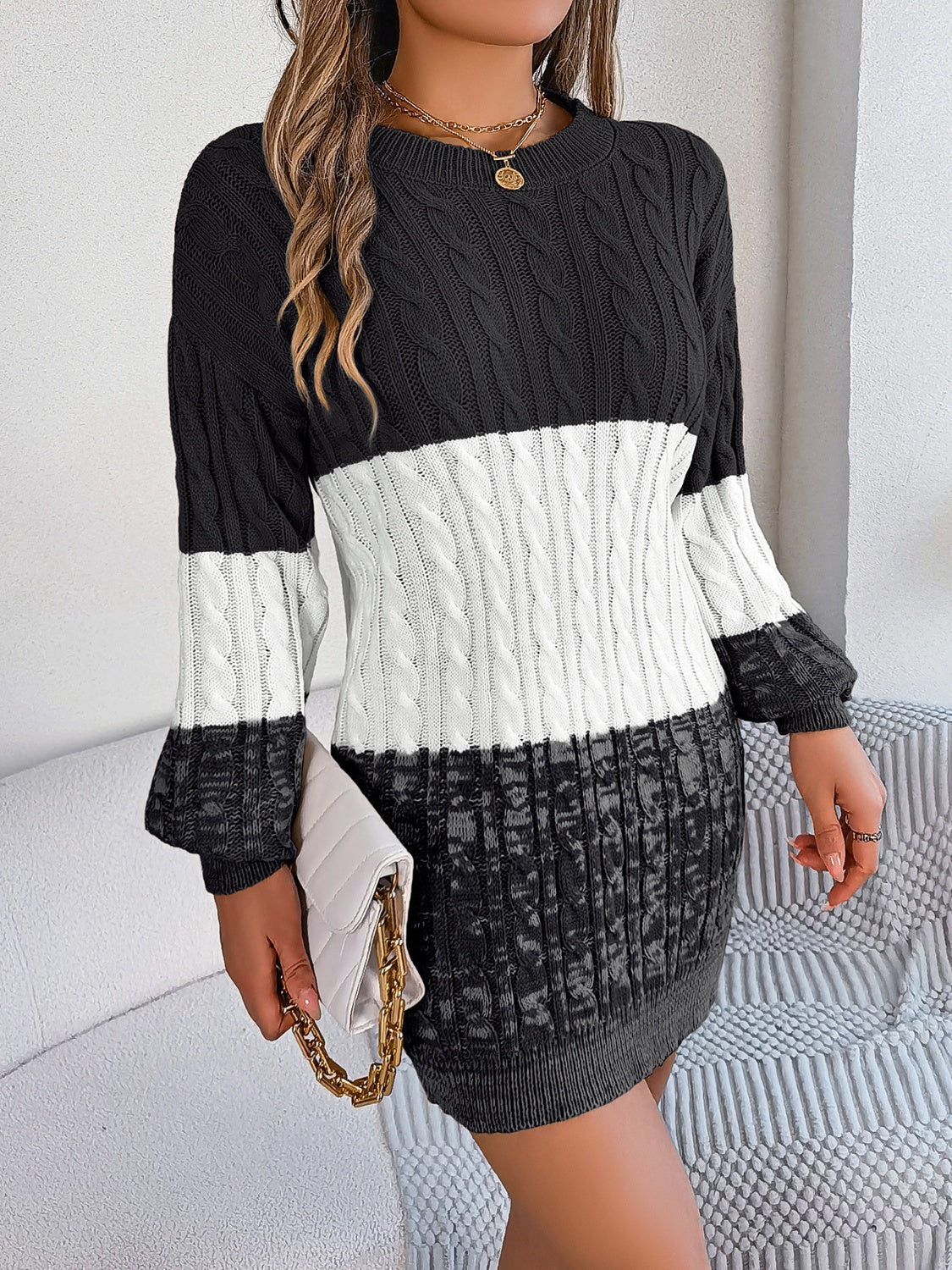 Cable-Knit Round Neck Color Block Sweate.r Dress